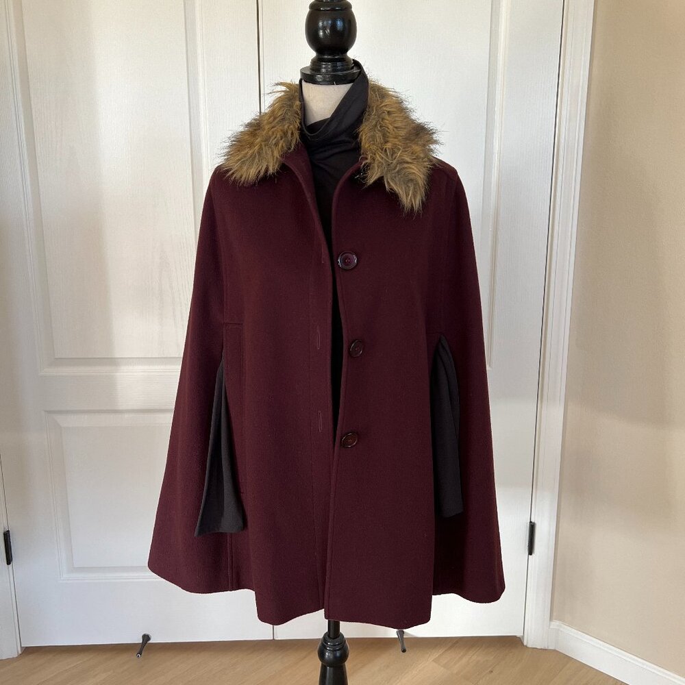 Helene Berman wool cape with arm slits and detachable faux fur collar